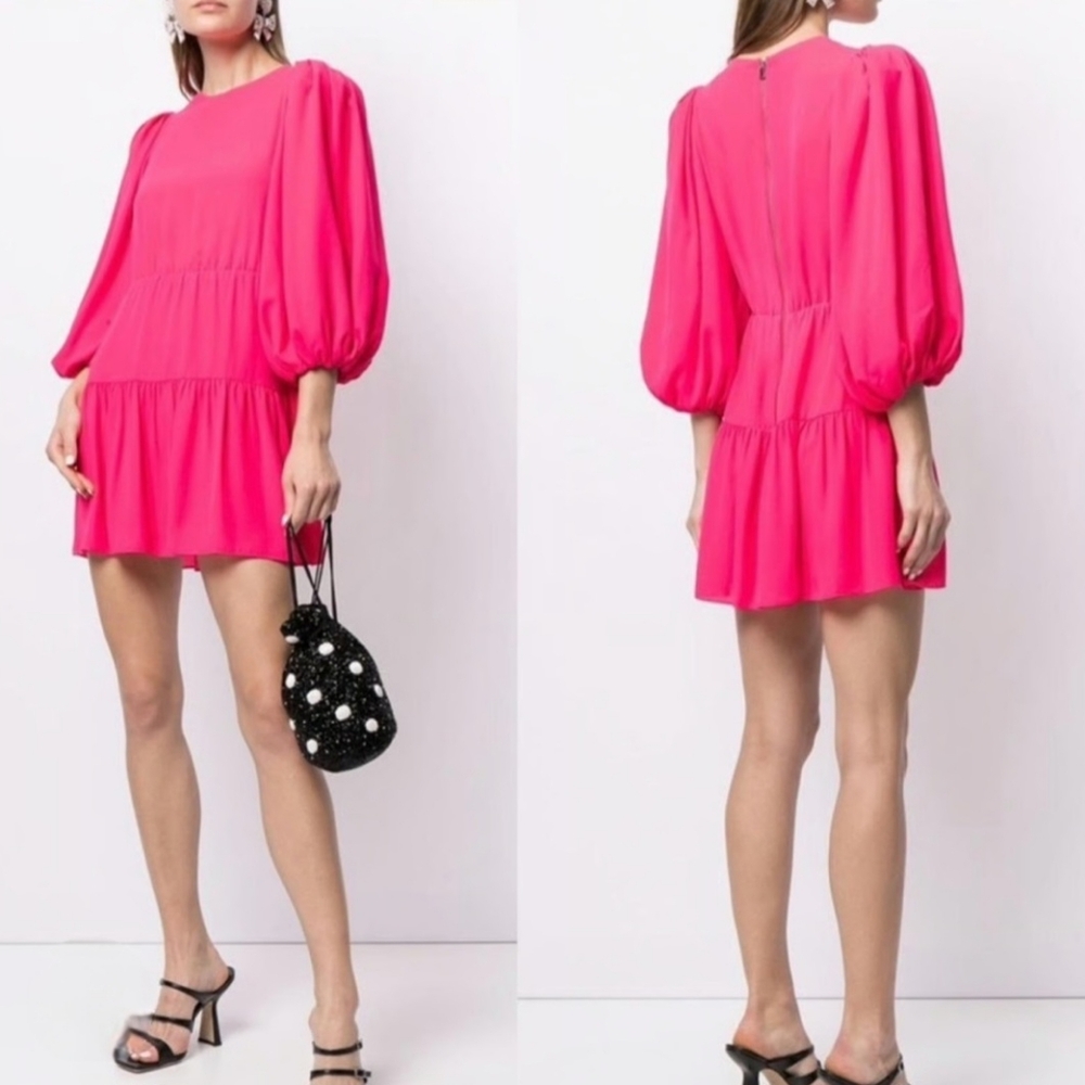ALICE + OLIVIA Shayla Dress Solid Hot Pink Tiered Puff Sleeve Mini Silk Size 0